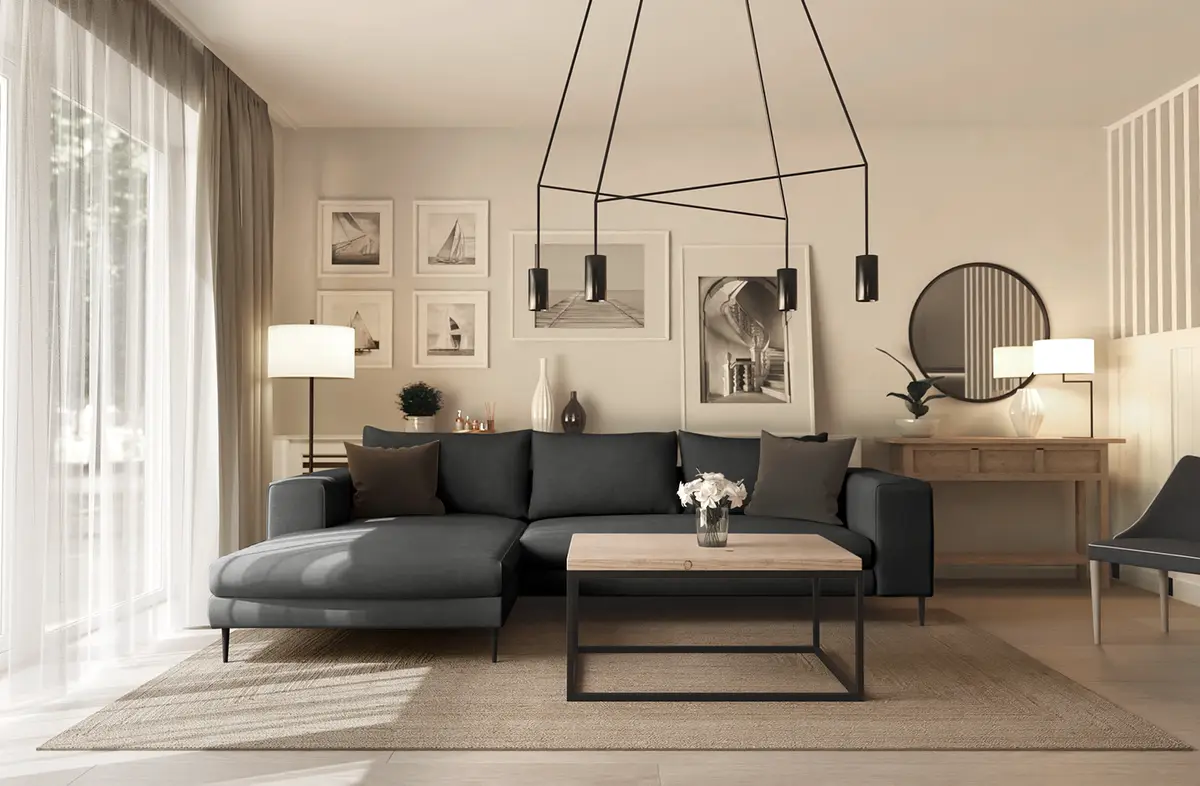 Ecksofa mit Longchair Small Grau Webstoff Caya | Grau