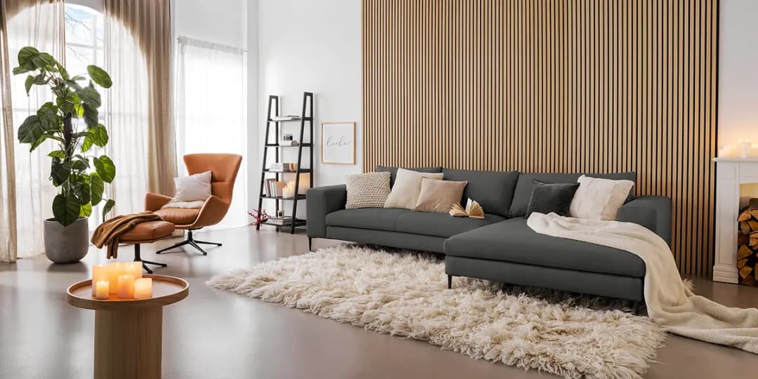Ecksofa mit Longchair Grau Webstoff Caya | Grau