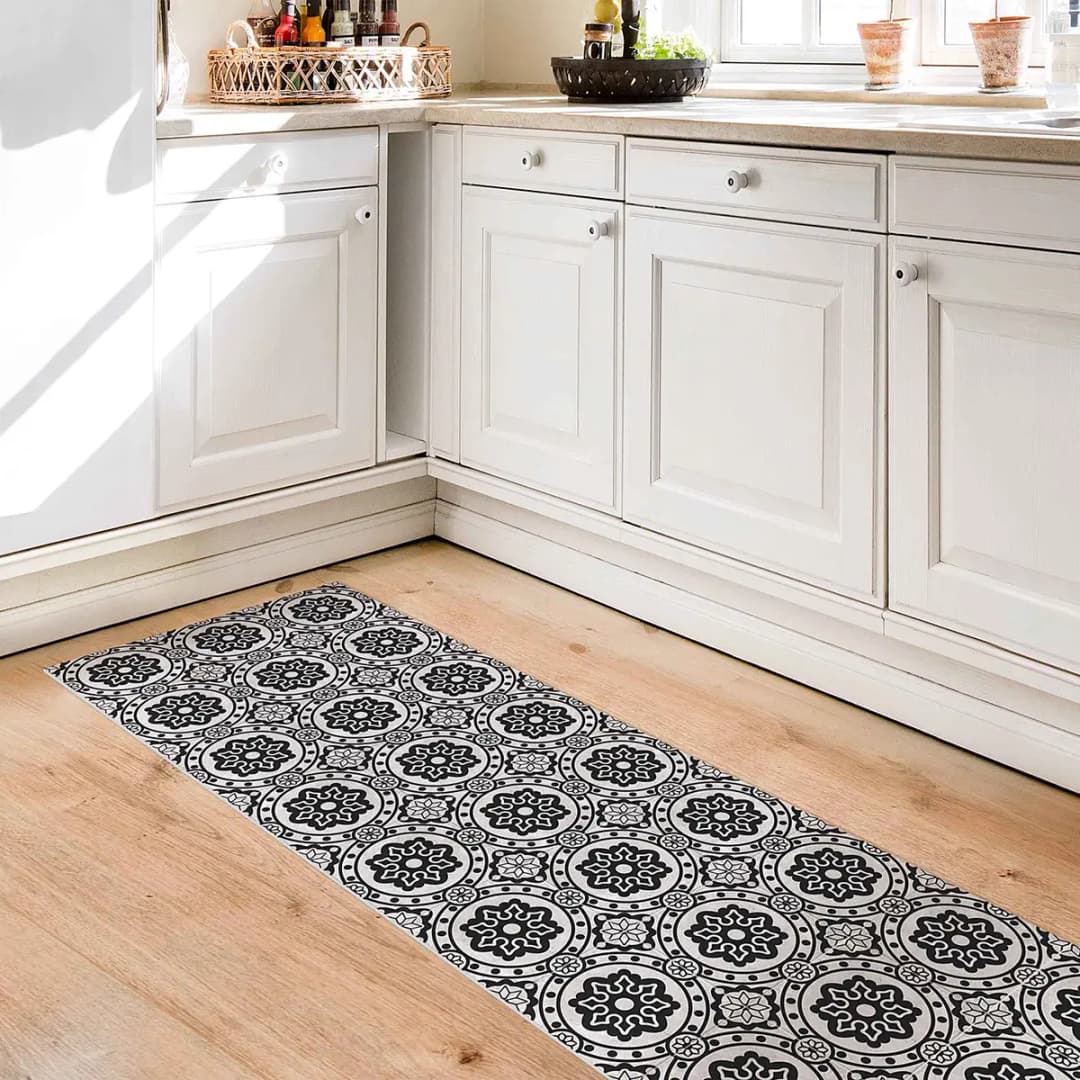 Vinylteppich Florale Fliesen | Schwarz