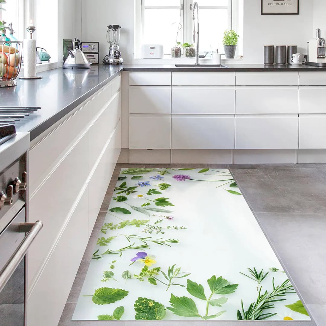 Vinylteppich Kräuter und Blüten 180 x 90cm Grün | Grün