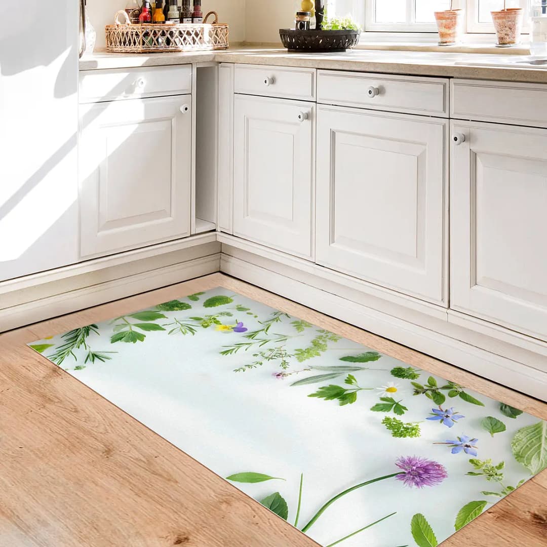 Vinylteppich Kräuter und Blüten 180 x 90cm Grün | Grün