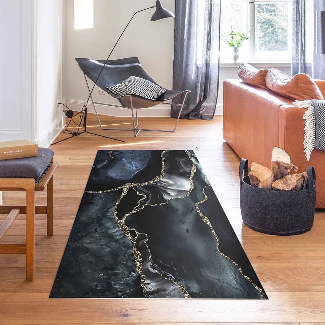 Vinylteppich Schwarz mit Glitzer Gold | Schwarz