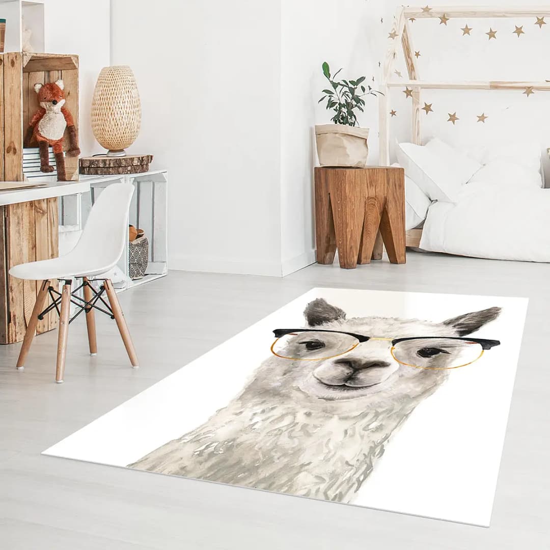 Vinylteppich Hippes Lama mit Brille | Weiß