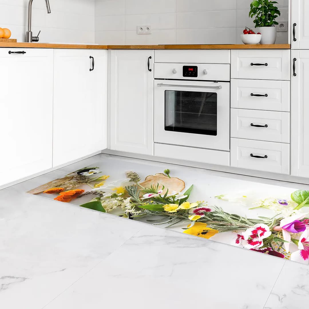 Vinylteppich Kräuter mit Essblüten 180 x 60cm | Mehrfarbig
