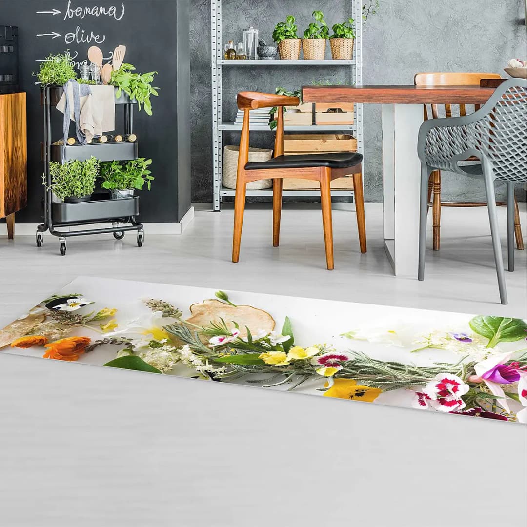 Vinylteppich Kräuter mit Essblüten 180 x 60cm | Mehrfarbig