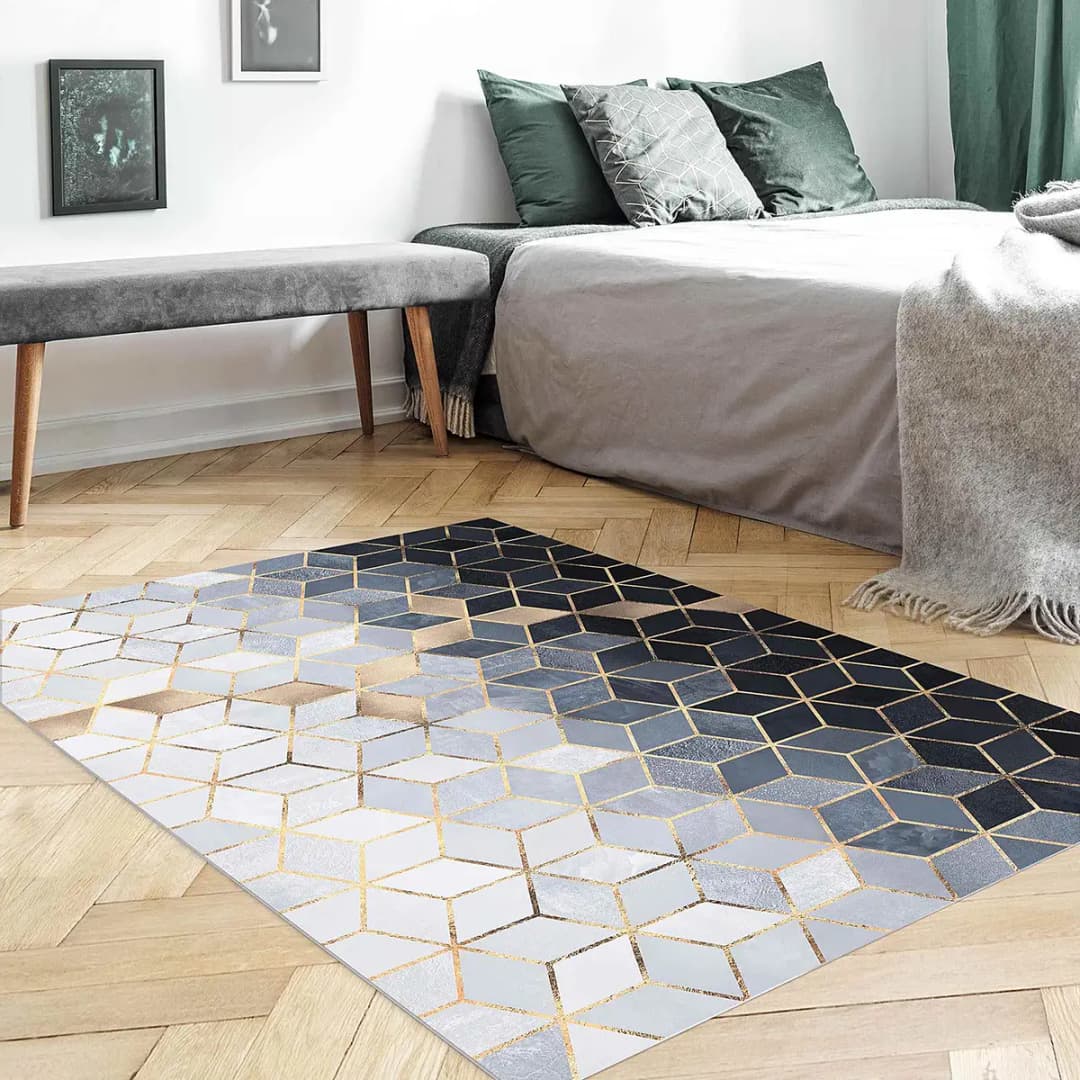 Vinylteppich Blau Weiß Goldene Geometrie 180 x 120cm Gold