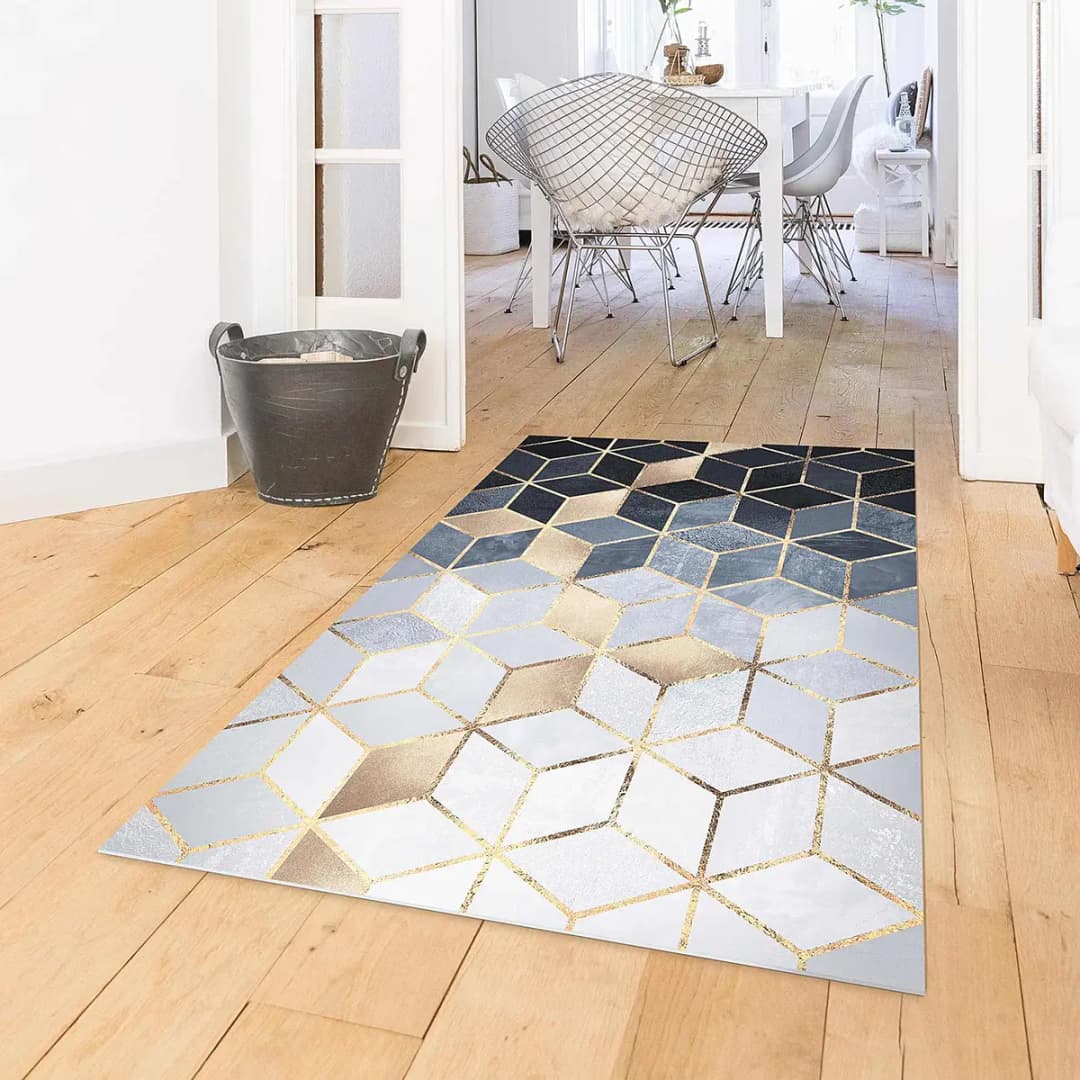 Vinylteppich Blau Weiß Goldene Geometrie 120 x 80cm Gold