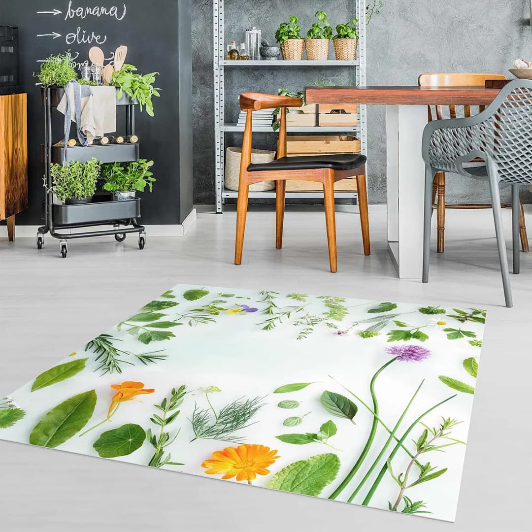 Vinylteppich Kräuter und Blüten 140 x 140cm Grün | Grün
