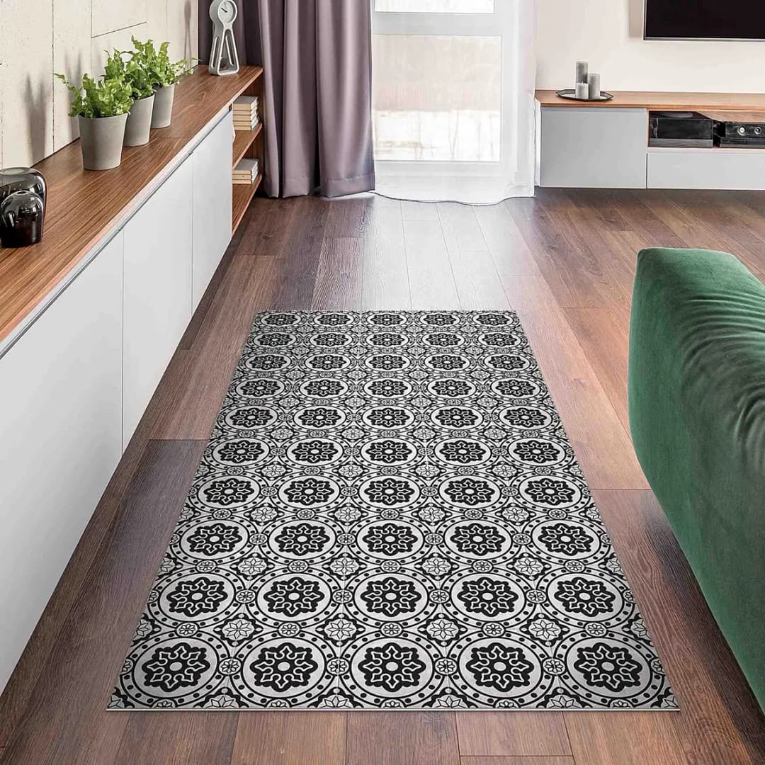 Vinylteppich Florale Fliesen | Schwarz