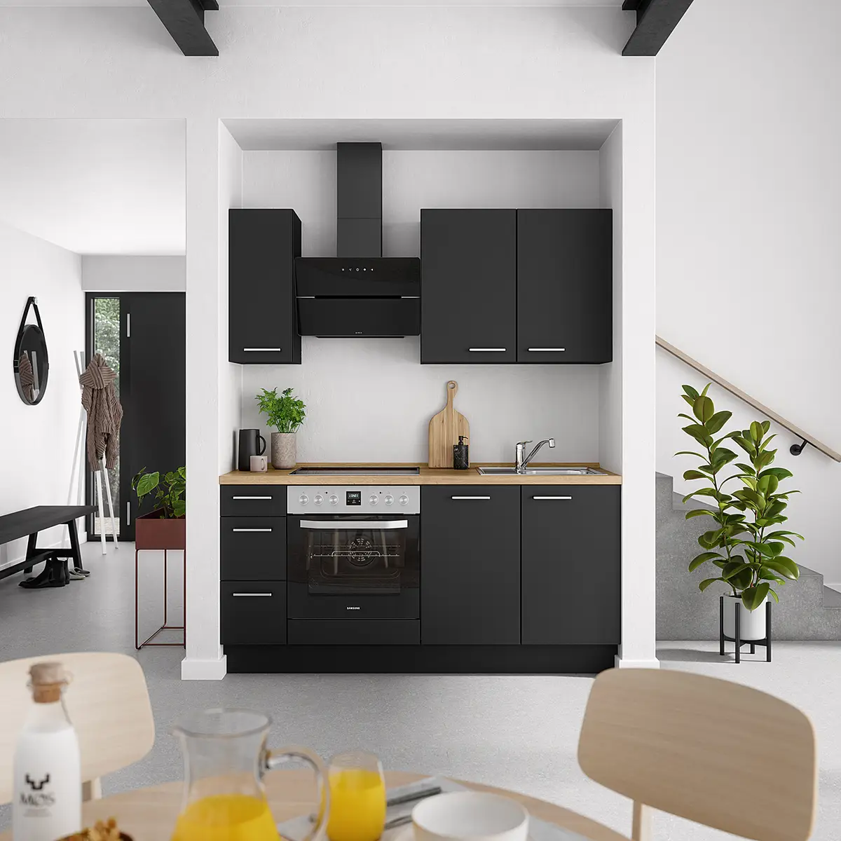 Küchenzeile High-Line Touch Variante A 180cm | Schwarz