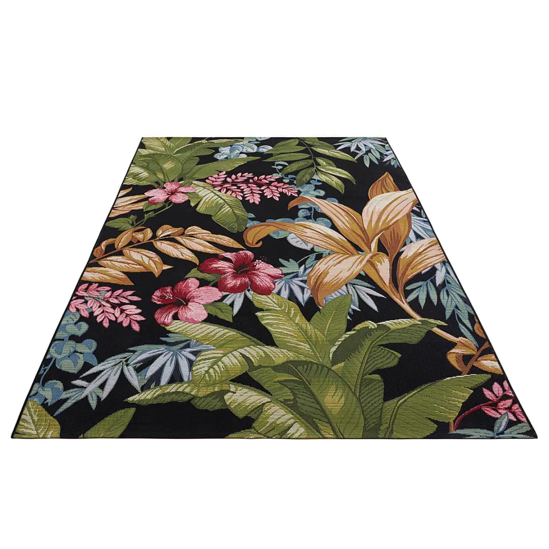 In-/Outdoor Teppich Tropical Flowers Schwarz | Schwarz