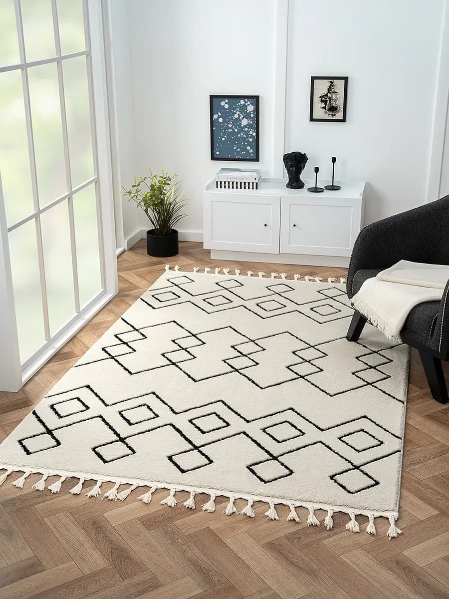 Hochflorteppich 160 x 230cm Weiß/Schwarz | Mehrfarbig