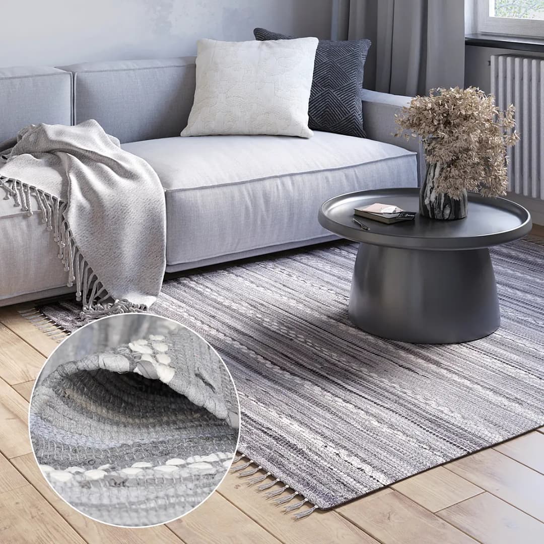 Kurzflorteppich Malika Grau/Grau 170 x 120cm Baumwollstoff
