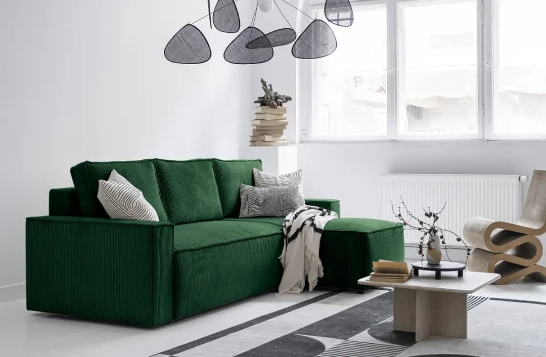 Ecksofa mit Longchair Grün Cordstoff Poppy | Grün