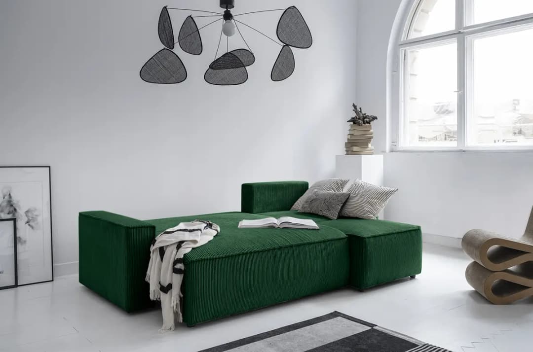 Ecksofa mit Longchair Grün Cordstoff Poppy | Grün