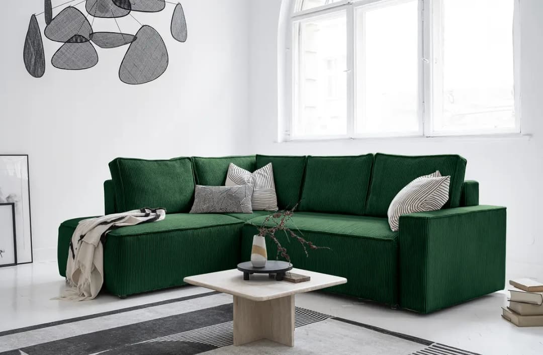 Ecksofa mit Ottomane Grün Cordstoff Poppy | Grün
