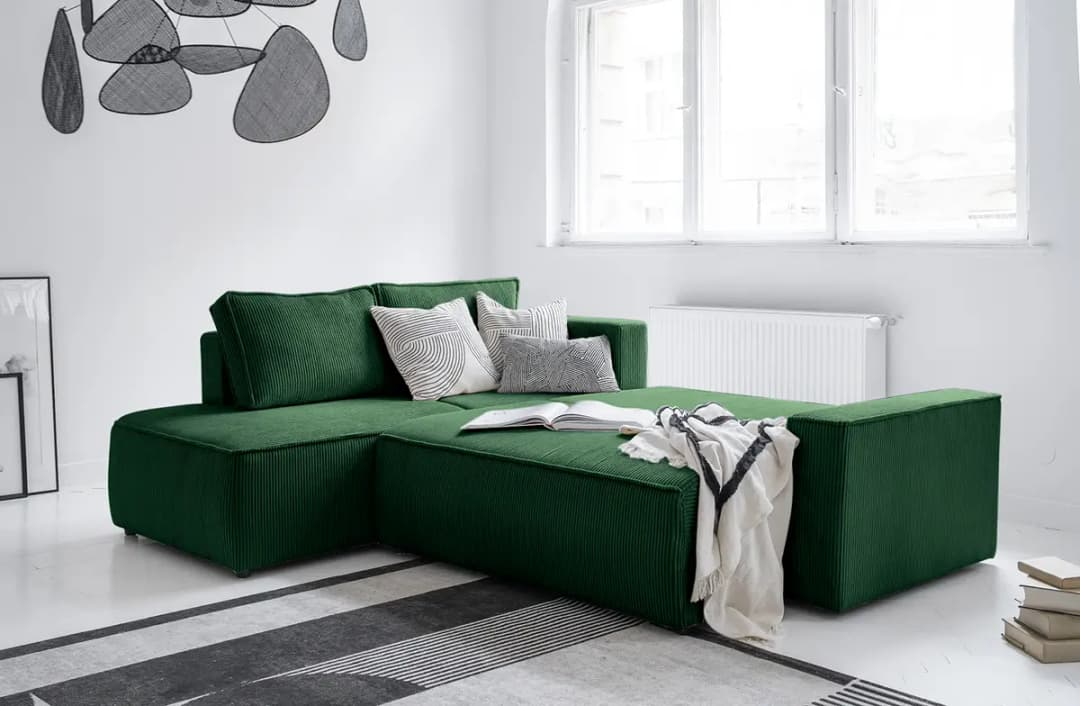 Ecksofa mit Ottomane Grün Cordstoff Poppy | Grün