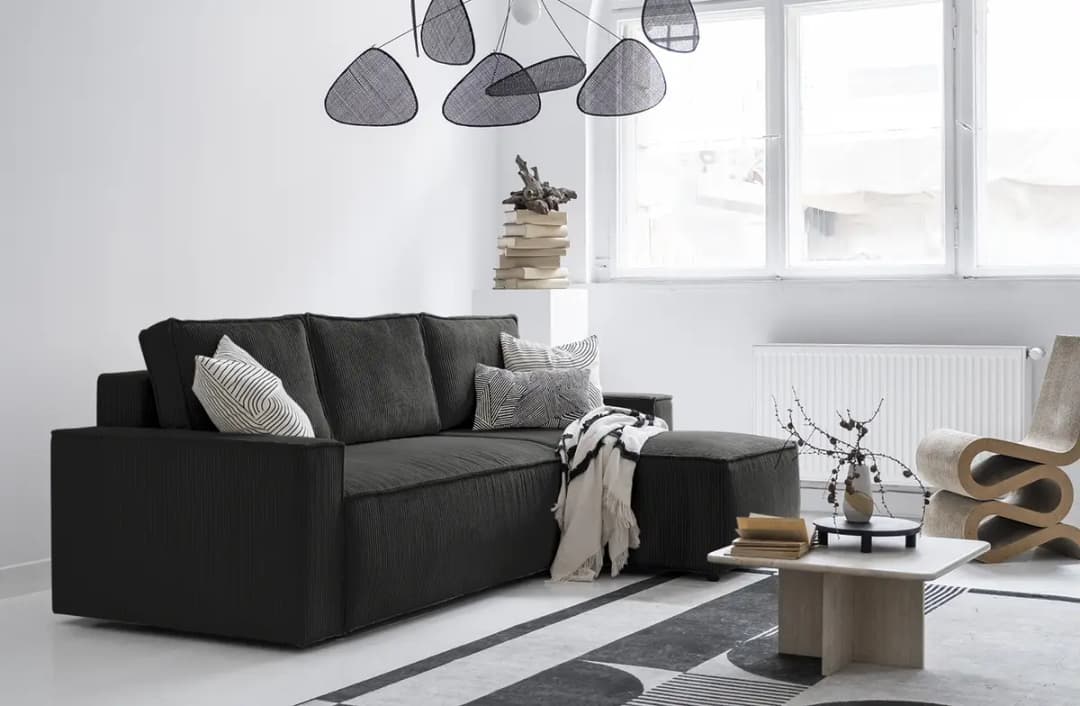 Ecksofa mit Longchair Grau Cordstoff Poppy | Grau