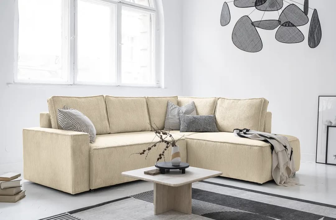 Ecksofa mit Ottomane Beige Cordstoff Poppy | Beige