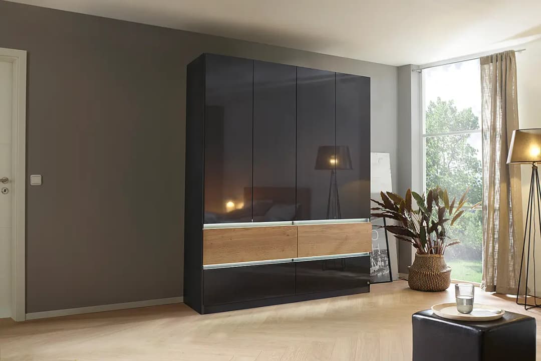 Drehtürenschrank Winnipeg 181cm mit Beleuchtung Grau/Hochglanz
