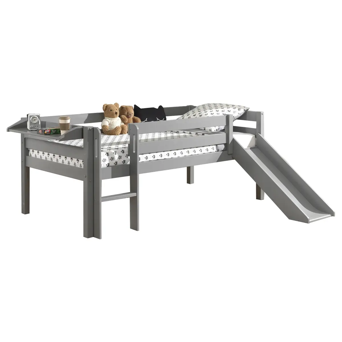 Kojenbett mit Regal 90 x 200cm Grau/Grau mit Rutsche/mit Leiter | Grau