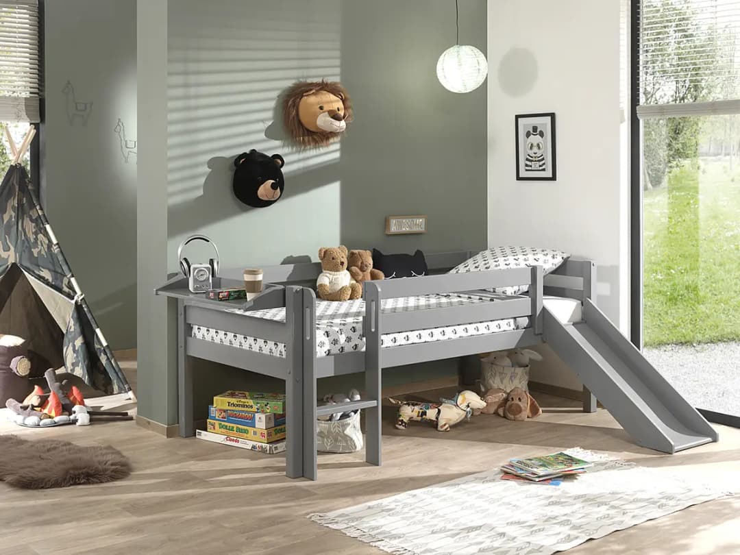 Kojenbett mit Regal 90 x 200cm Grau/Grau mit Rutsche/mit Leiter | Grau