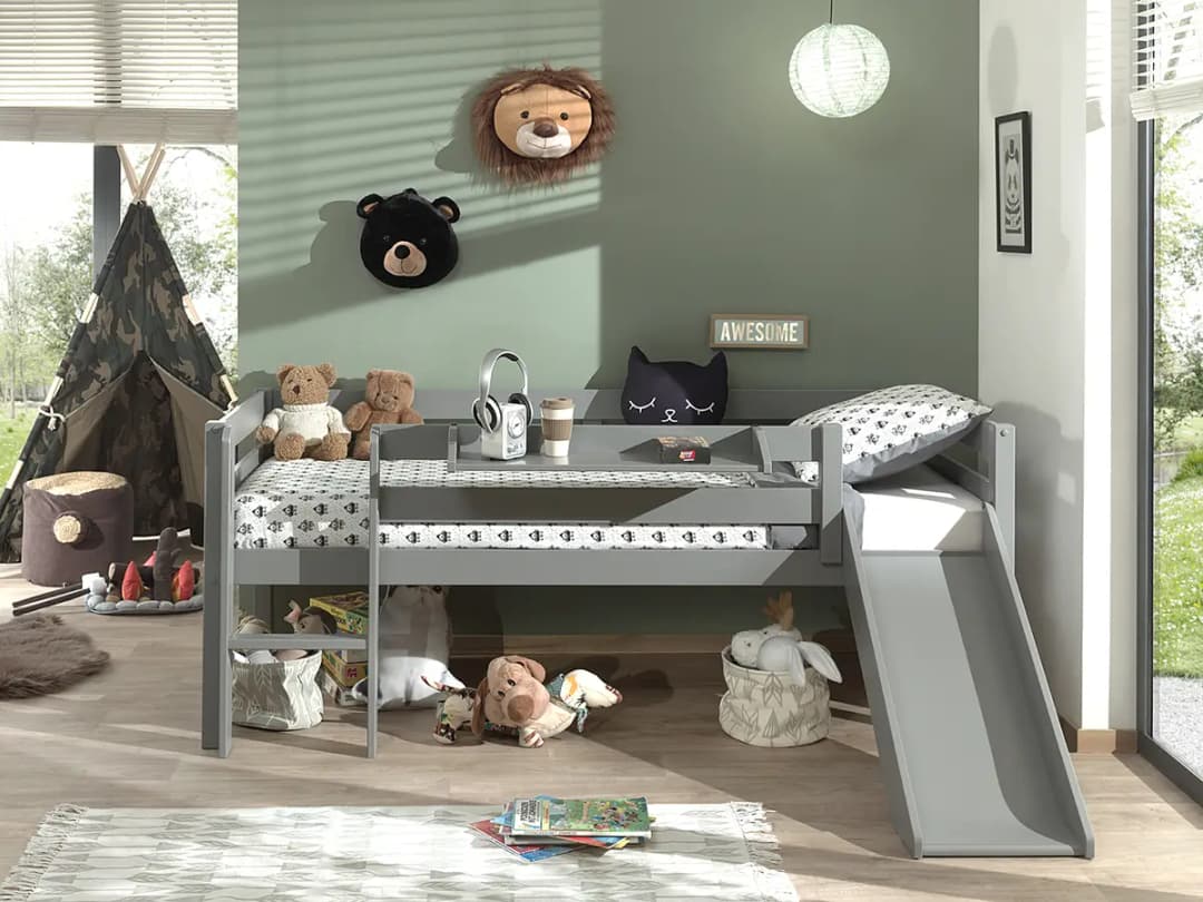 Kojenbett mit Regal 90 x 200cm Grau/Grau mit Rutsche/mit Leiter | Grau