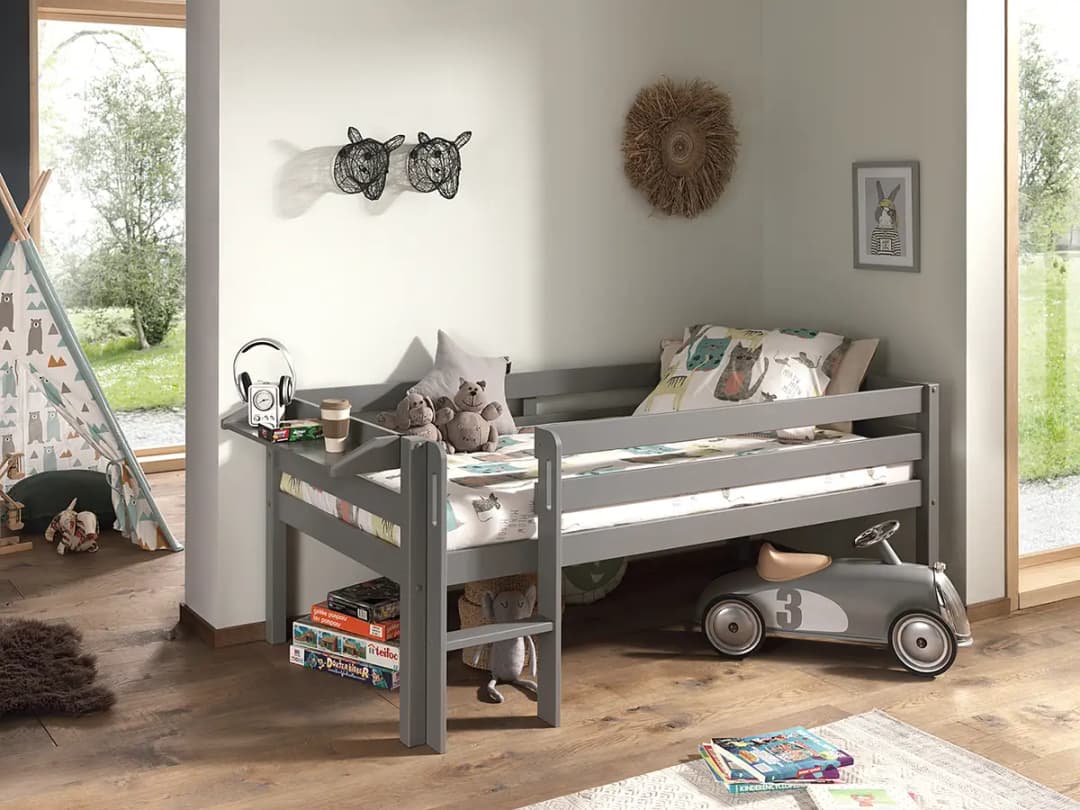 Kojenbett mit Regal 90 x 200cm Grau/Grau mit Leiter | Grau