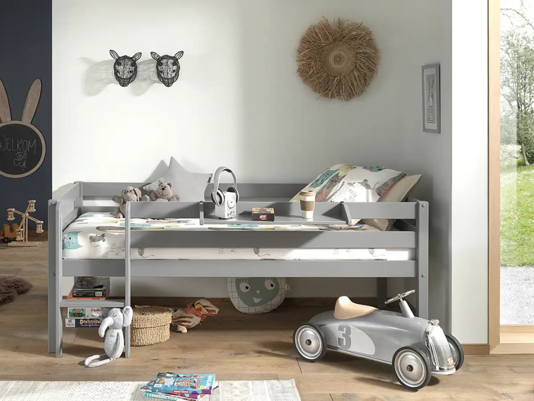 Kojenbett mit Regal 90 x 200cm Grau/Grau mit Leiter | Grau