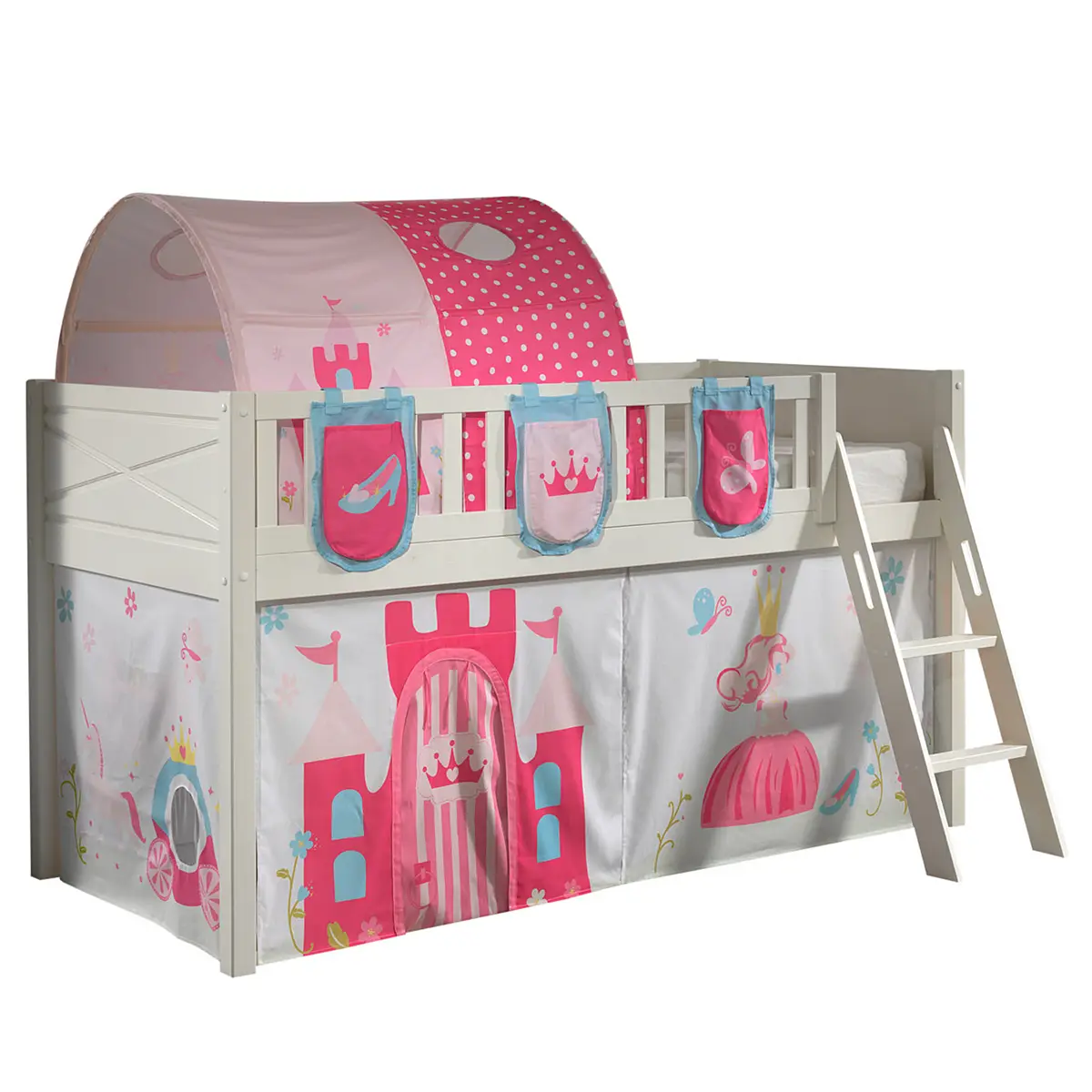 Spielbett 90 x 200cm Weiß/Pink mit Taschen & Tunnel/mit Vorhang