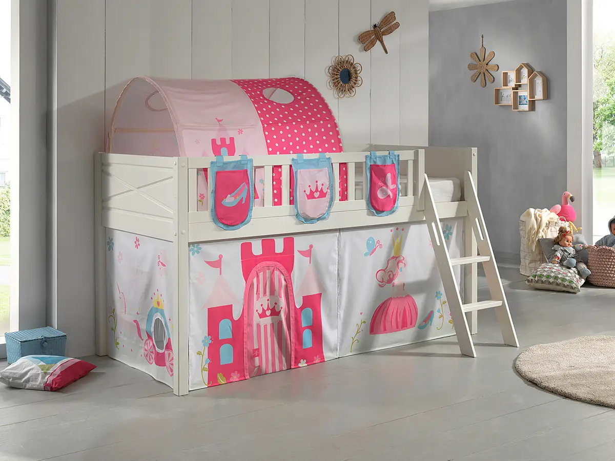 Spielbett 90 x 200cm Weiß/Pink mit Taschen & Tunnel/mit Vorhang
