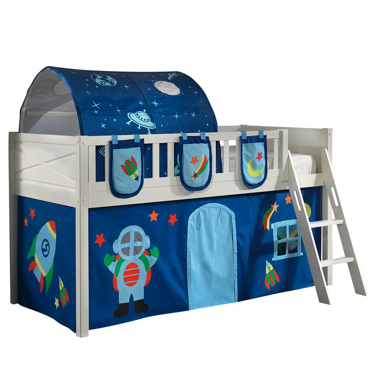 Spielbett 90 x 200cm Weiß/Dunkelblau mit Taschen & Tunnel/mit