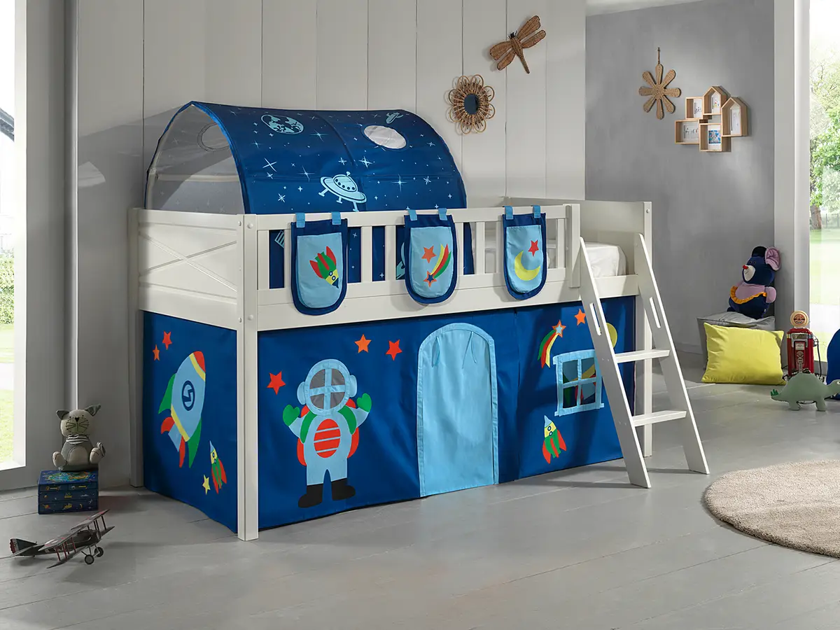 Spielbett 90 x 200cm Weiß/Dunkelblau mit Taschen & Tunnel/mit