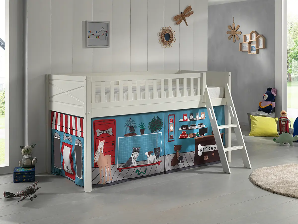 Spielbett 90 x 200cm Weiß mit Vorhang | Weiß