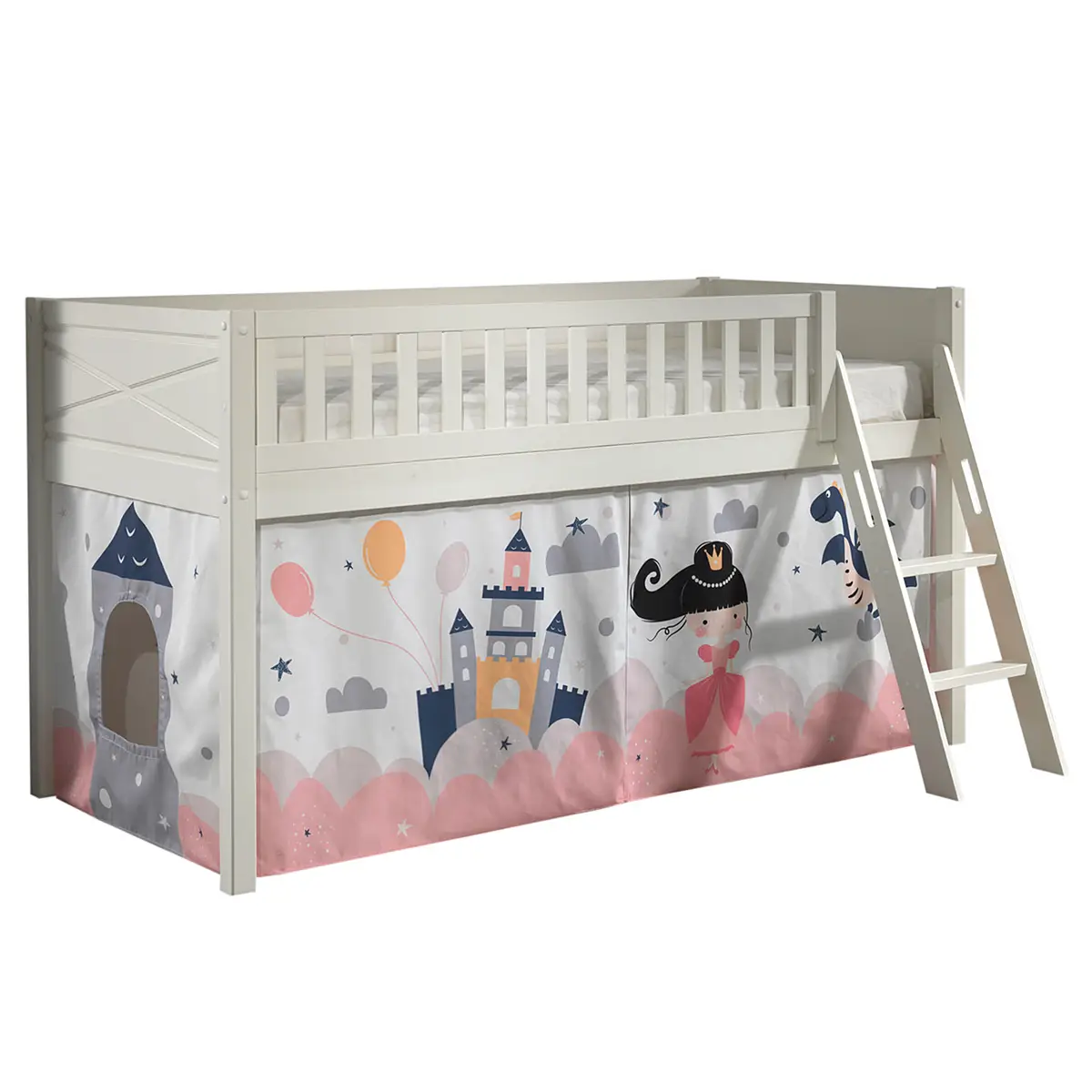 Spielbett 90 x 200cm Weiß/Rosa/Weiß mit Vorhang | Mehrfarbig