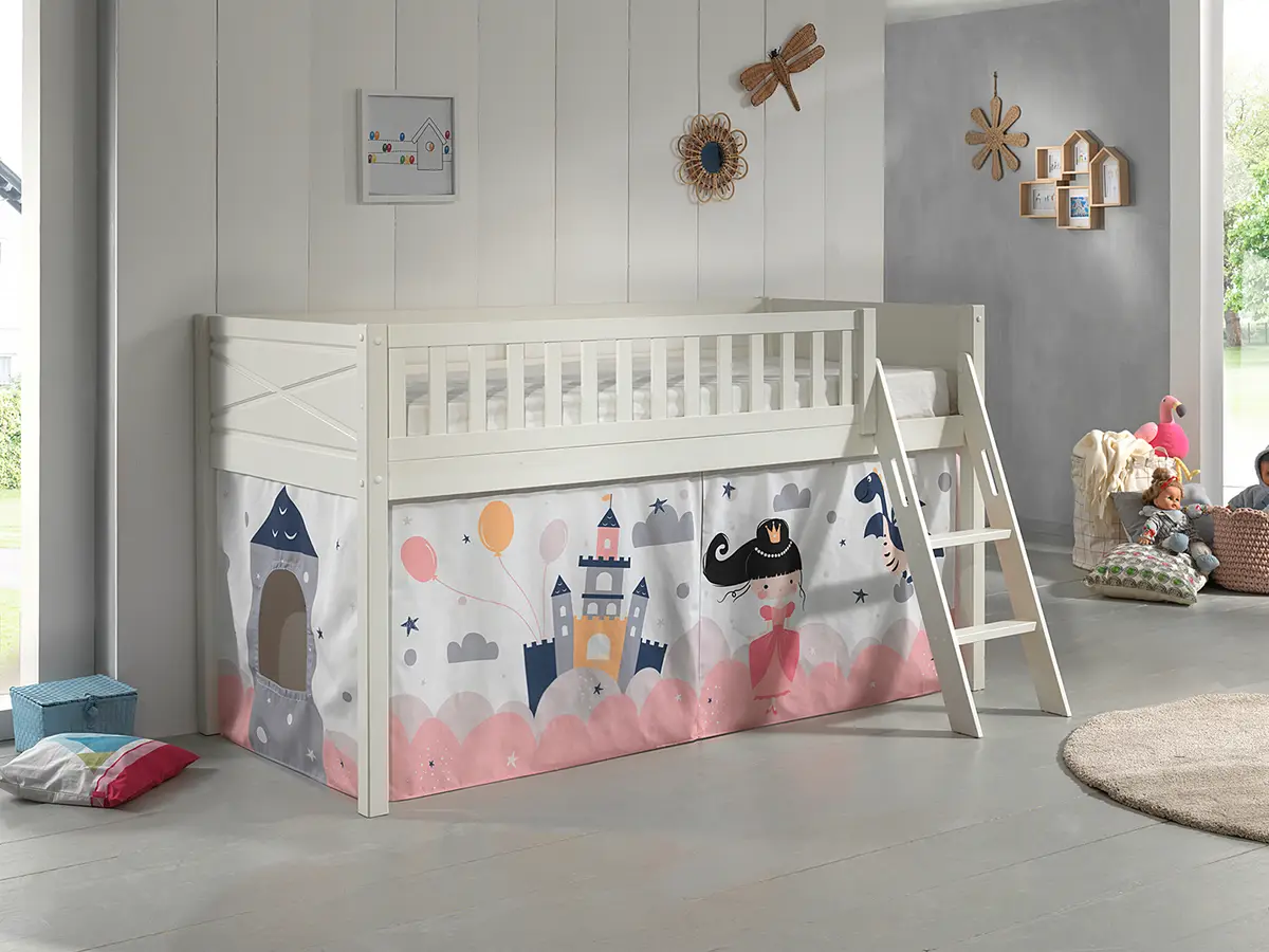 Spielbett 90 x 200cm Weiß/Rosa/Weiß mit Vorhang | Mehrfarbig