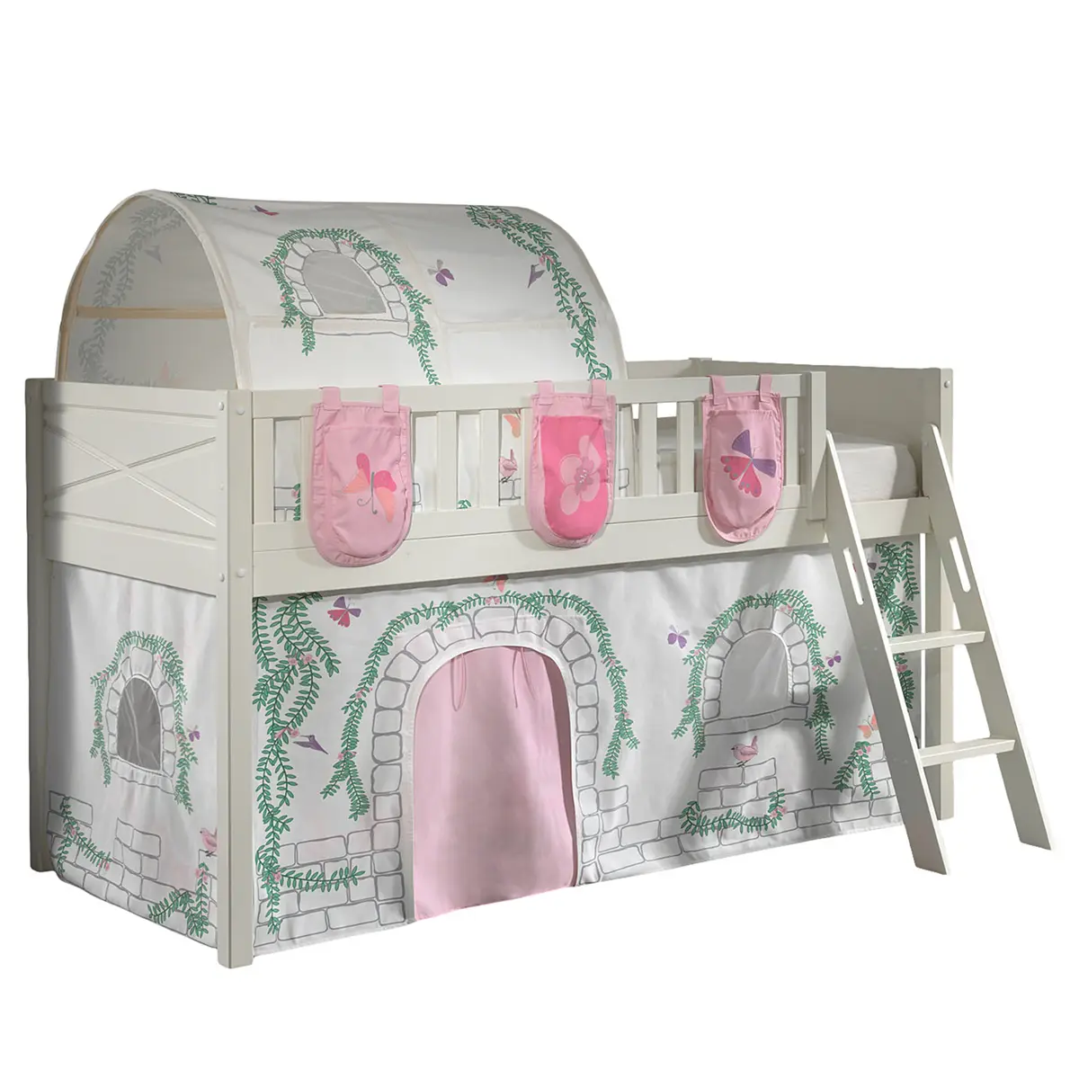 Spielbett 90 x 200cm Weiß/Beige mit Taschen & Tunnel/mit