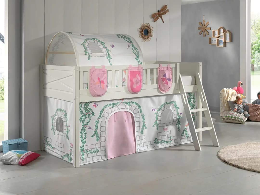Spielbett 90 x 200cm Weiß/Beige mit Taschen & Tunnel/mit