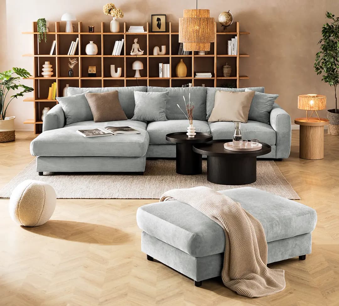 Ecksofa mit Longchair Grau/Grau Cordstoff Snor | Grau