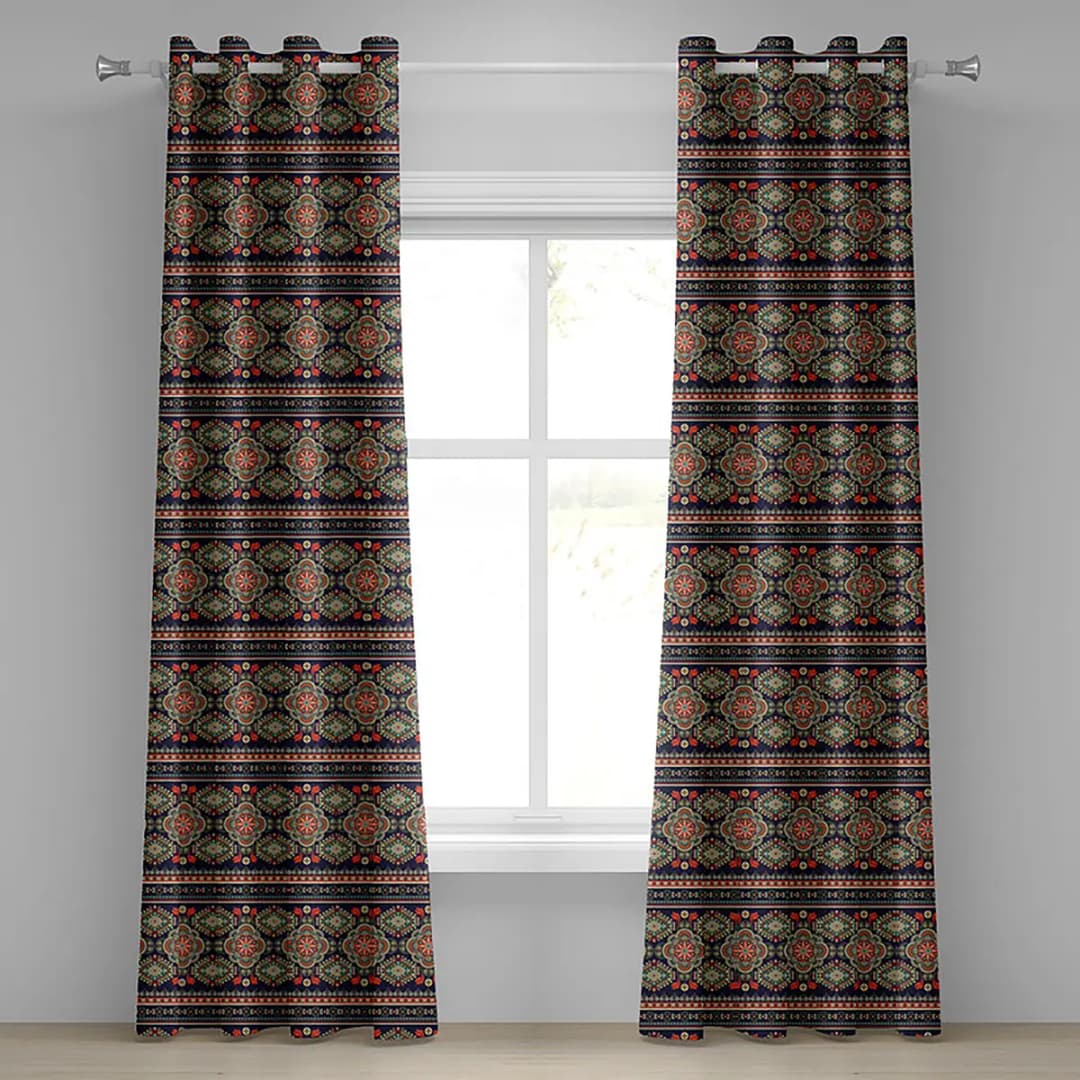 Ösenvorhang Ethnisch 2er-Set 245cm Blau/Blau/Grün | Mehrfarbig