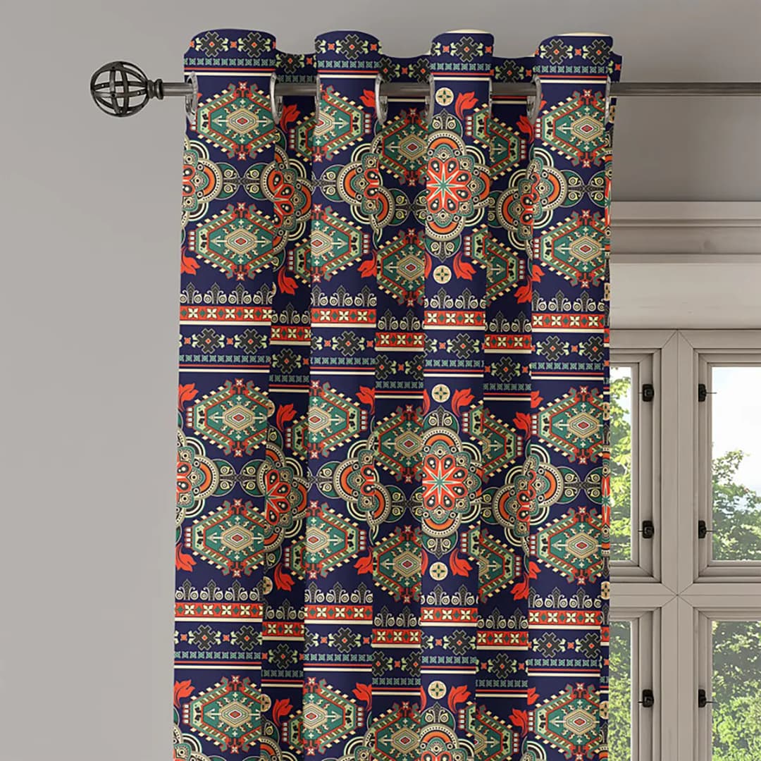 Ösenvorhang Ethnisch 2er-Set 245cm Blau/Blau/Grün | Mehrfarbig