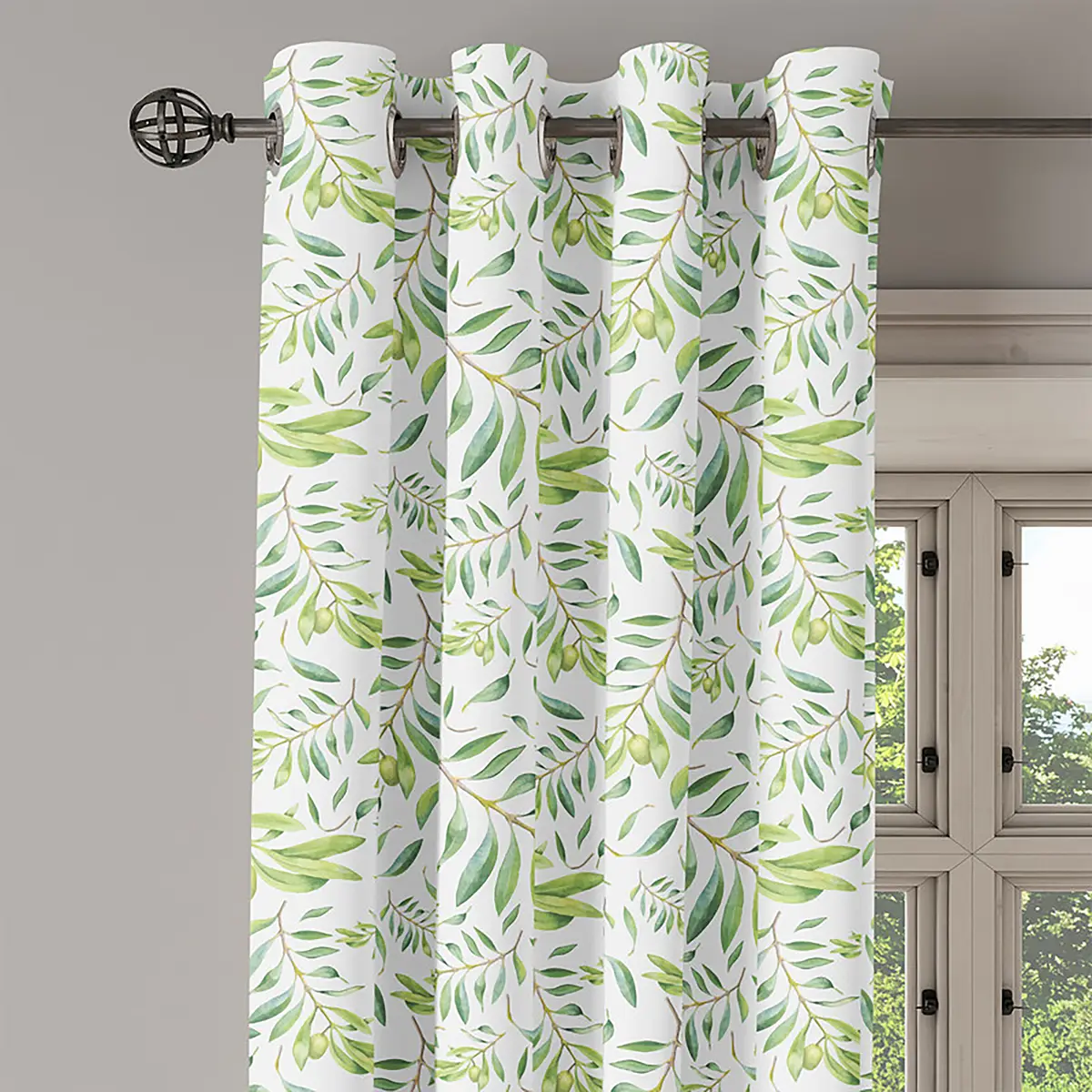 Ösenvorhang Olivenzweig 2er-Set 225cm Grün/Creme/Limette | Grün