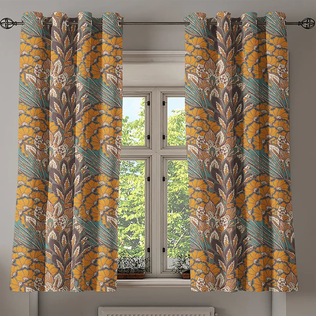 Ösenvorhang Blumen 2er-Set 175cm Blau/Türkis/Gold | Blau