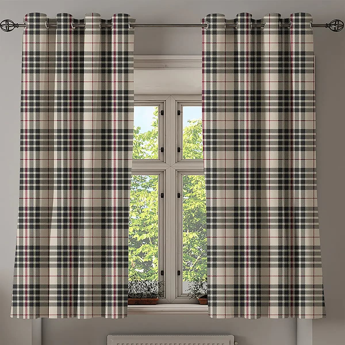 Ösenvorhang Kariert 2er-Set 175cm Beige/Schwarz/Beige | Beige
