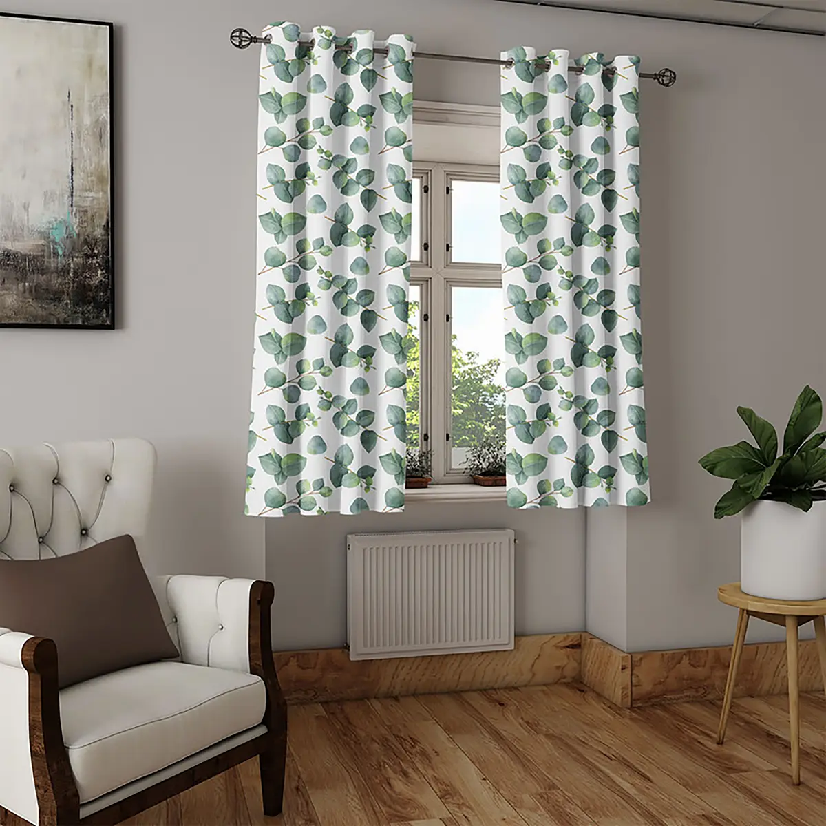 Ösenvorhang Eukalyptus Blätter 2er-Set 175cm Grün/Weiß/Grün