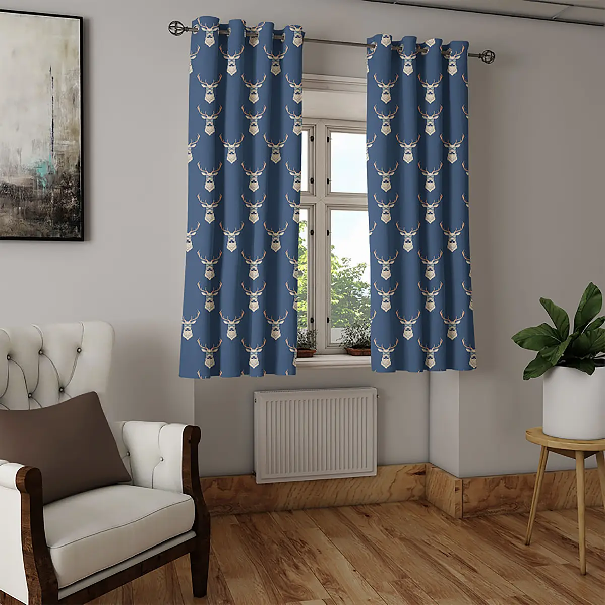 Ösenvorhang Hirsch 2er-Set 175cm Blau/Blau/Beige | Blau