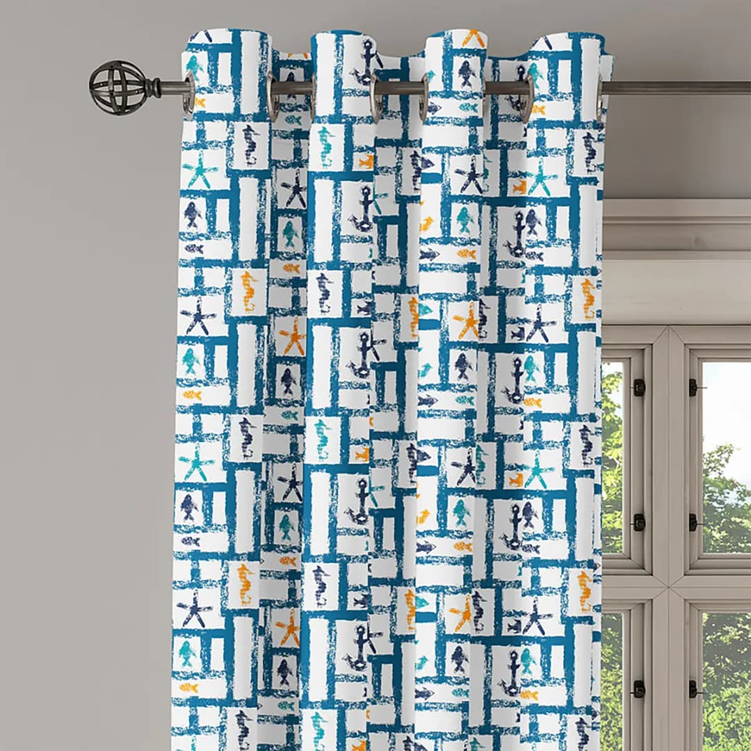 Ösenvorhang Maritim 2er-Set 260cm Blau/Weiß/Blau/Gelb | Blau
