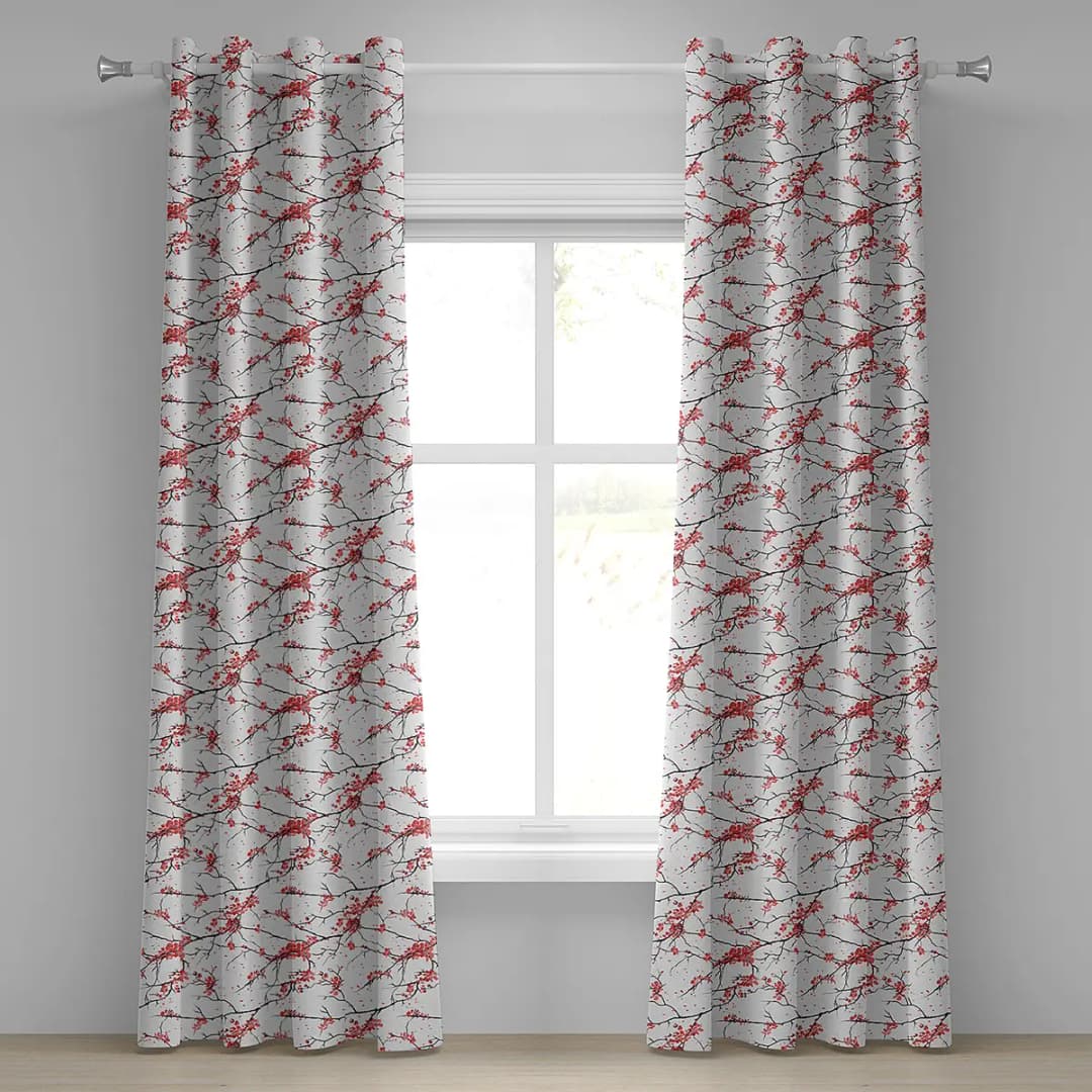Ösenvorhang Kirschbaumblüten 2er-Set 260cm Rot/Rot/Schwarz