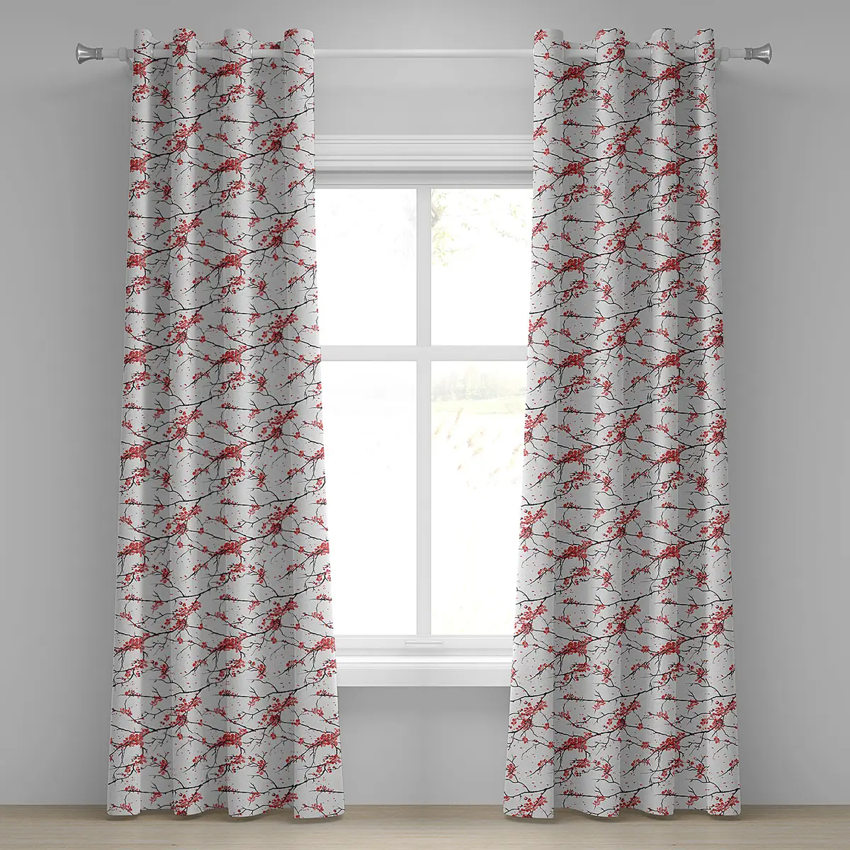 Ösenvorhang Kirschbaumblüten 2er-Set 260cm Rot/Rot/Schwarz