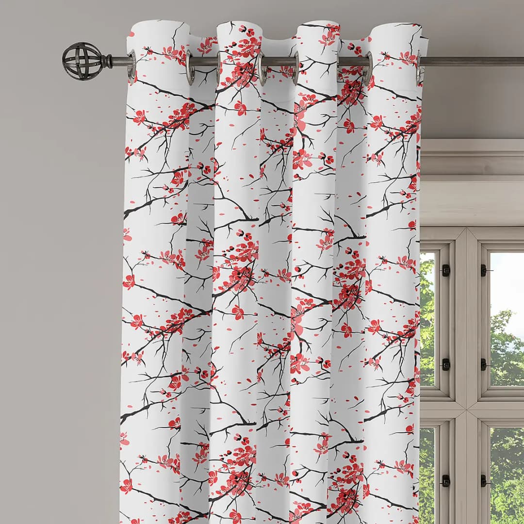 Ösenvorhang Kirschbaumblüten 2er-Set 260cm Rot/Rot/Schwarz